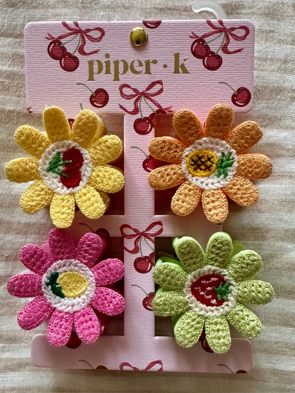 fruit themed knit fabric covered plastic hair claw clips